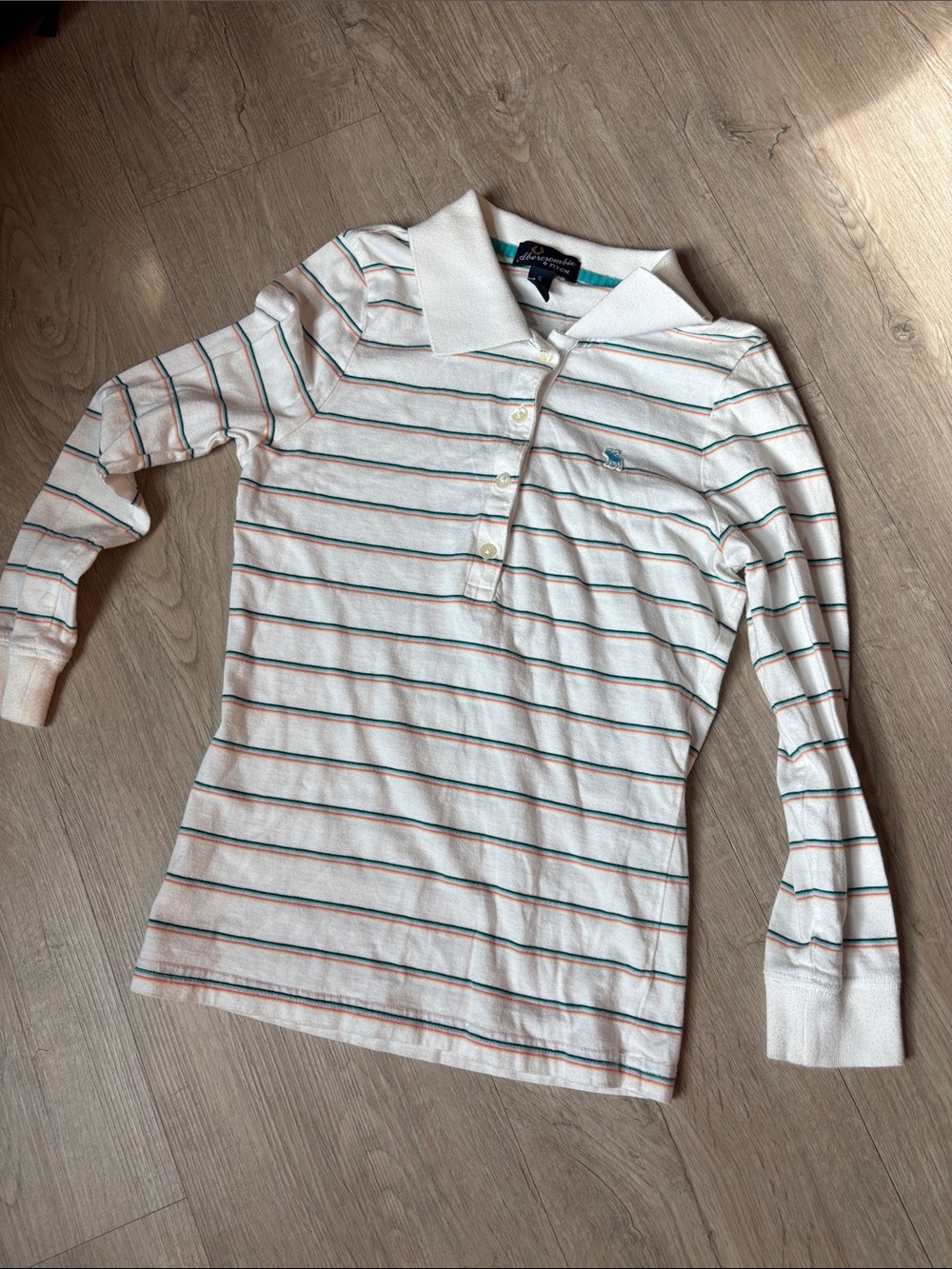 Abercrombie & Fitch White Long-Sleeve Polo with Green & Pink Stripes